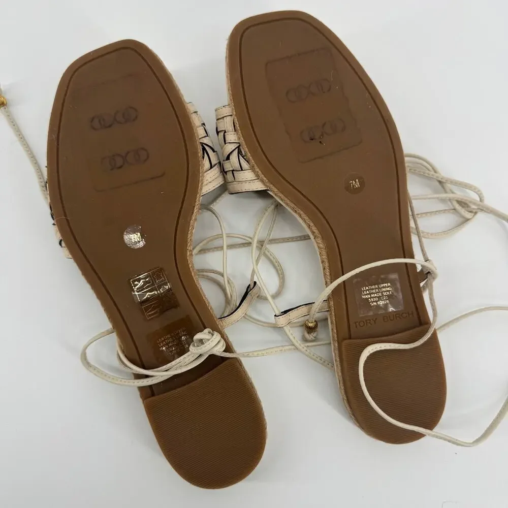 Tory Burch Caning Ankle-Wrap Leather Espadrille Sandals Size 7 NWOT Summer